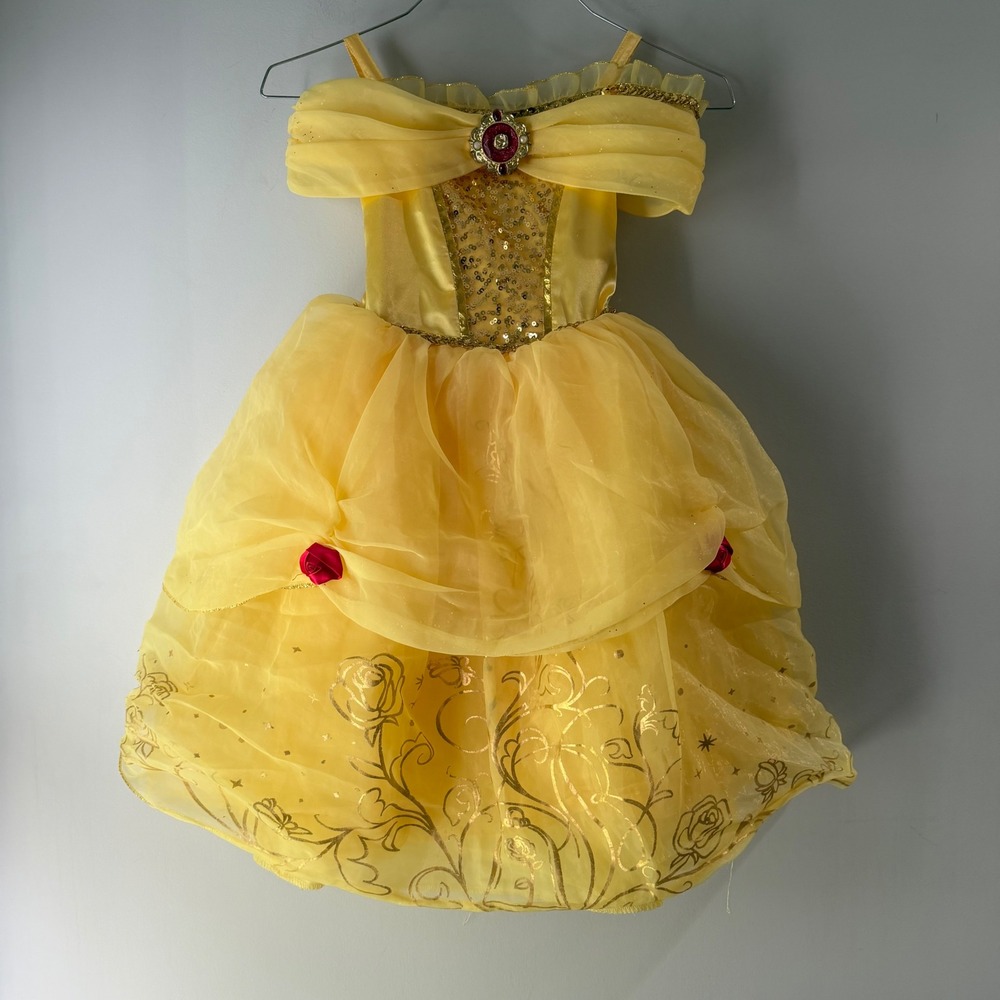 Disney Belle Costume Dress Girls Size 4 Yellow Sequin Rose Princess Good